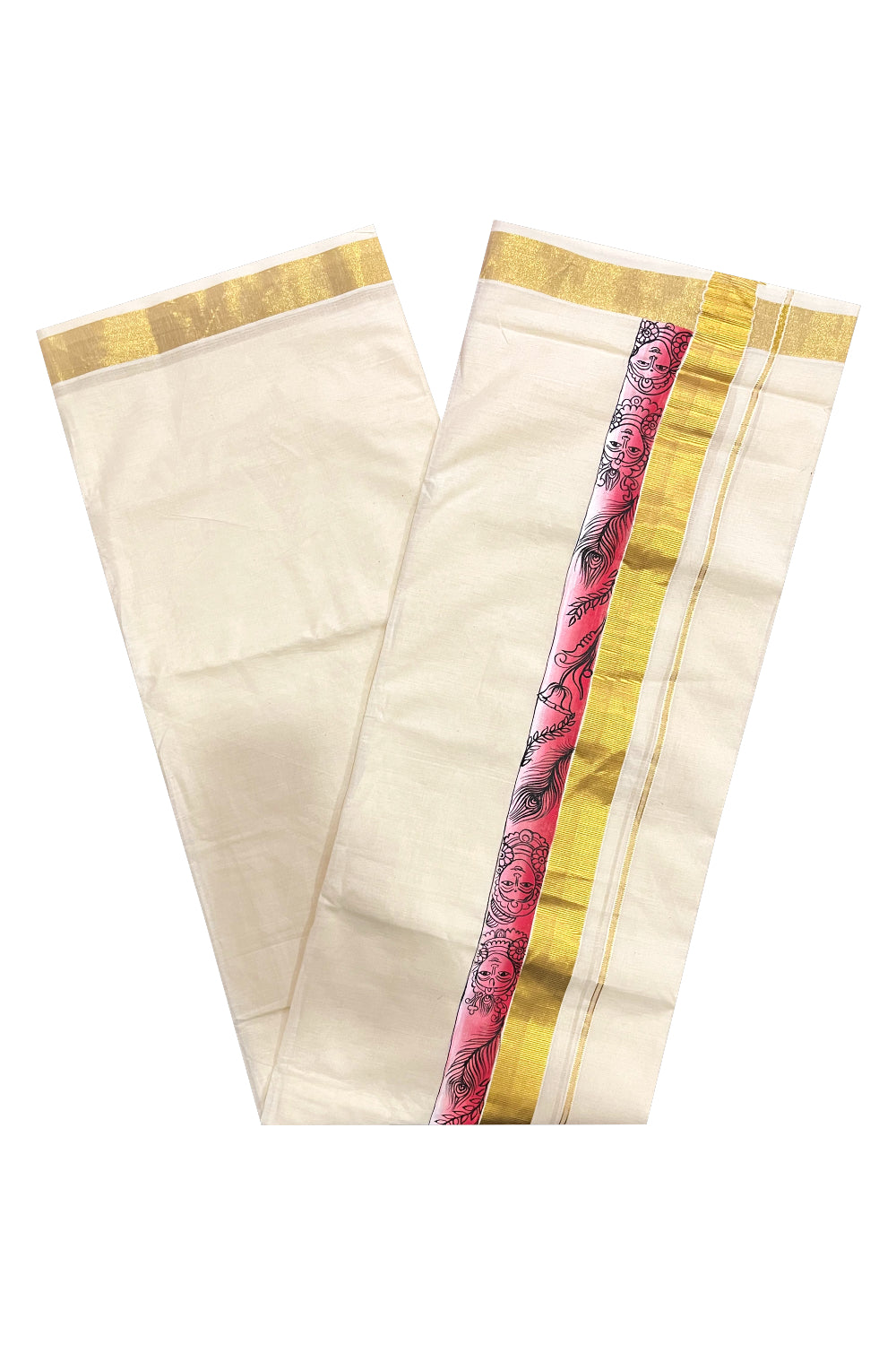 Kerala Pure Cotton Double Mundu with Mural Painted Design on Kasavu Border (South Indian Kerala Dhoti)