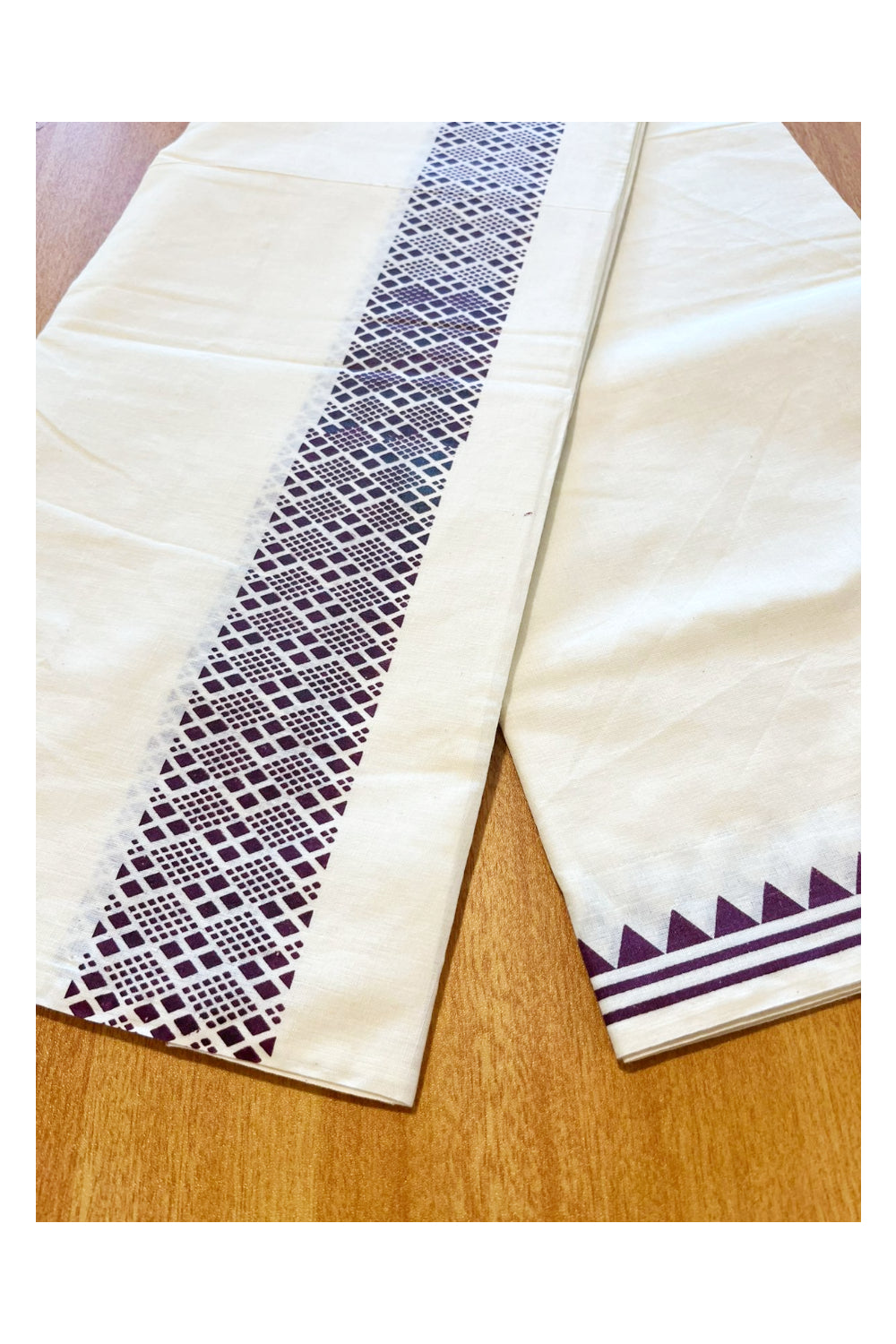 Pure Cotton Off White Double Mundu with Violet Block Prints On Border (South Indian Kerala Dhoti)