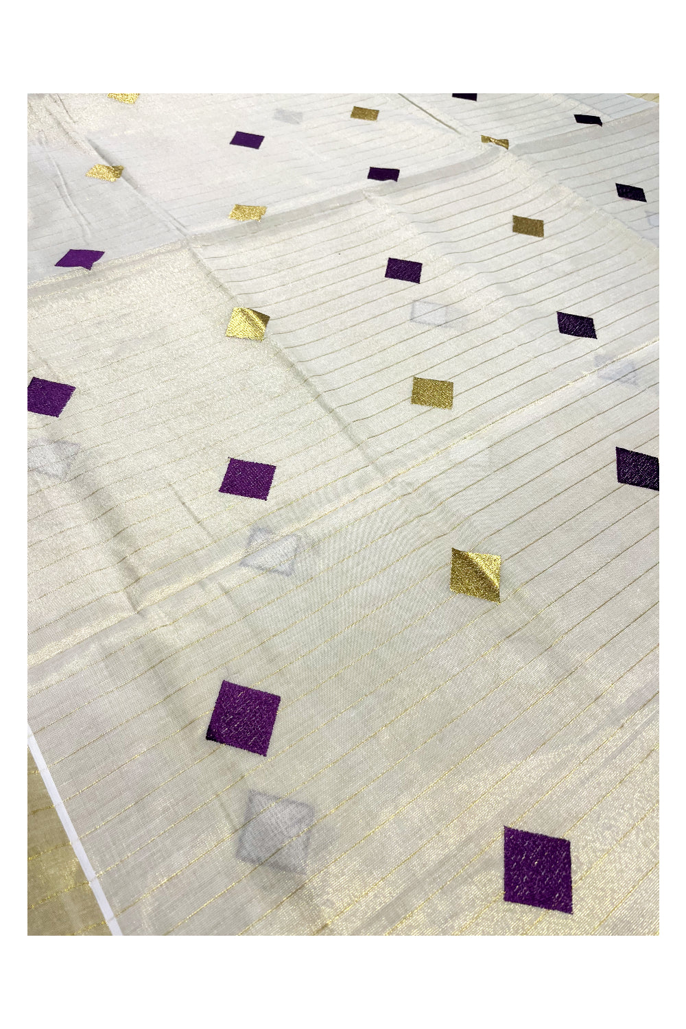 Kerala Tissue Kasavu Lines Saree with Violet and Golden Diagonal Woven Designs on Body and Pallu