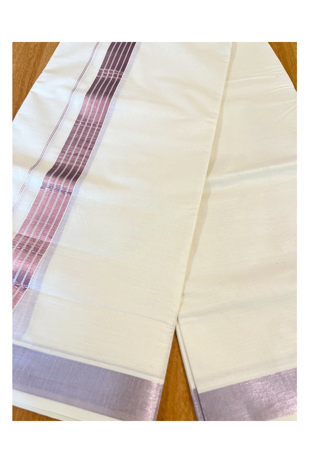 Off White Kerala Cotton Double Mundu with Rose Copper Kasavu Lines Border (South Indian Dhoti)