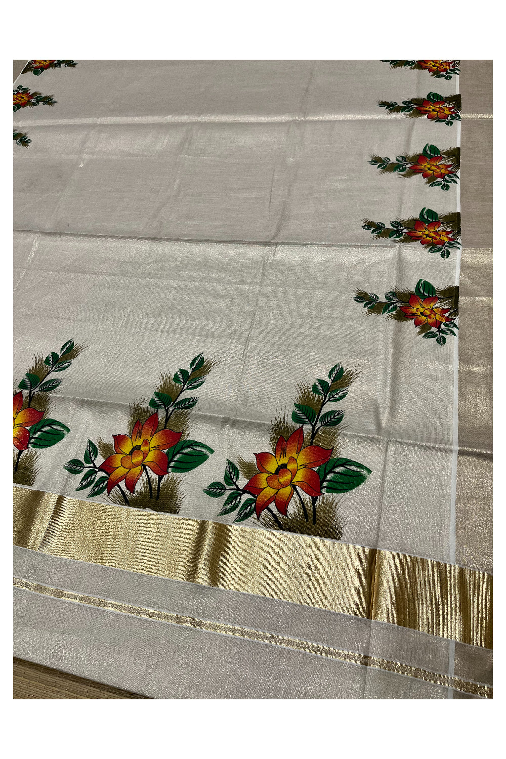 Kerala Tissue Kasavu Saree with Floral Block Printed Designs