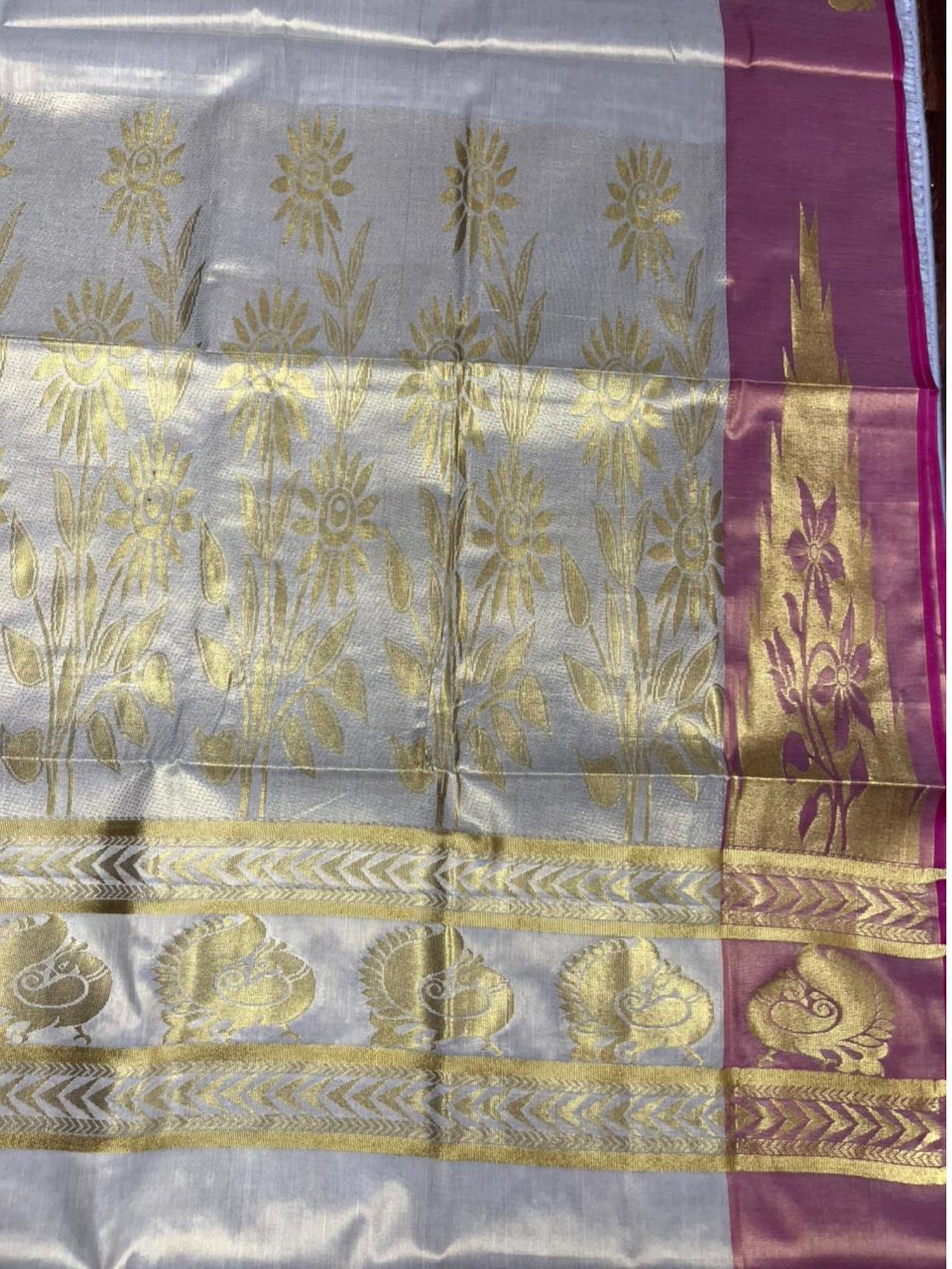 Southloom  Kerala Tissue Kasavu Heavy Work Saree with Peacock Design And Pink Border SL483