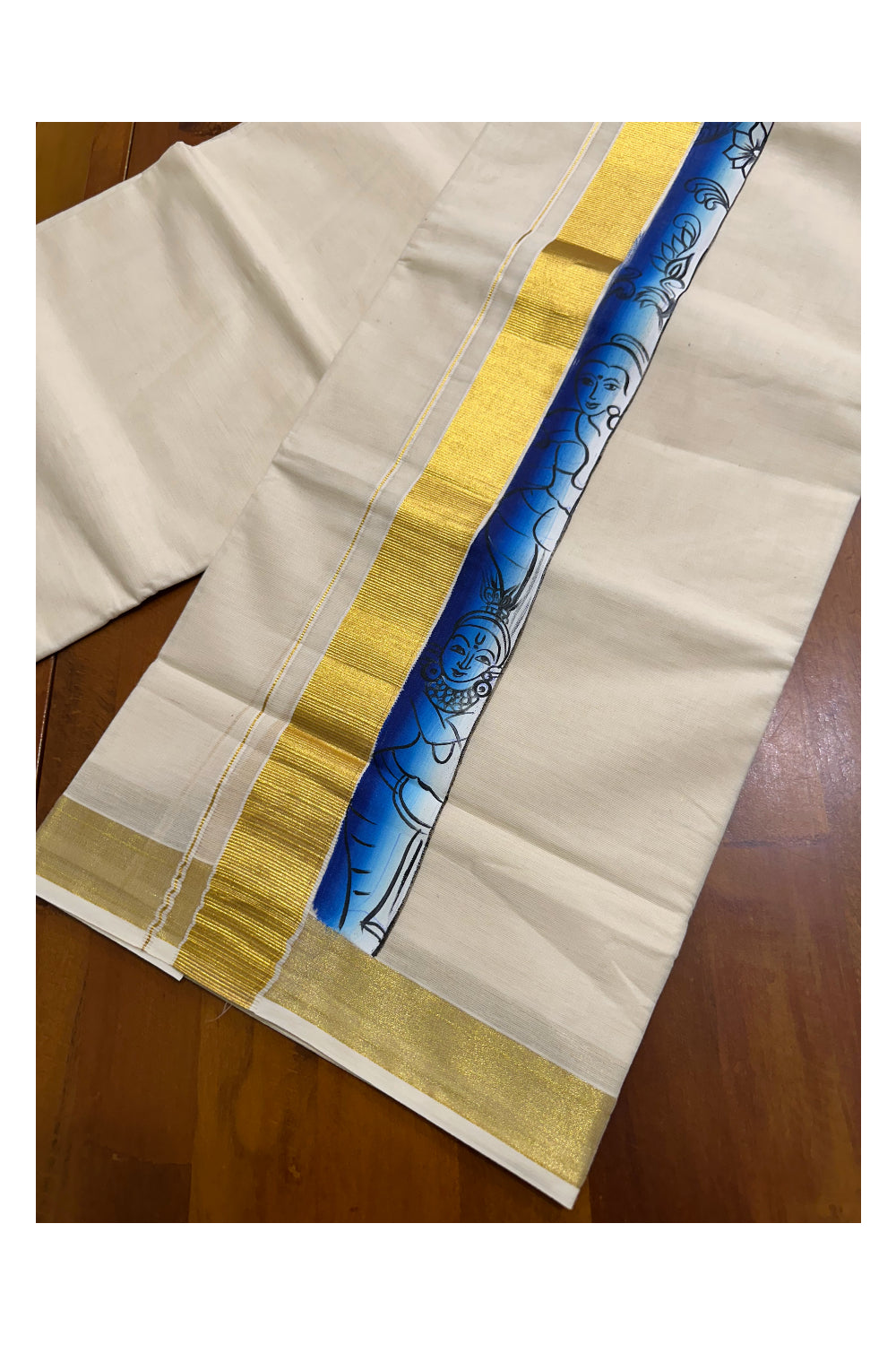 Kerala Pure Cotton Double Mundu with Hand Painted Designs on Kasavu Border(South Indian Kerala Dhoti)