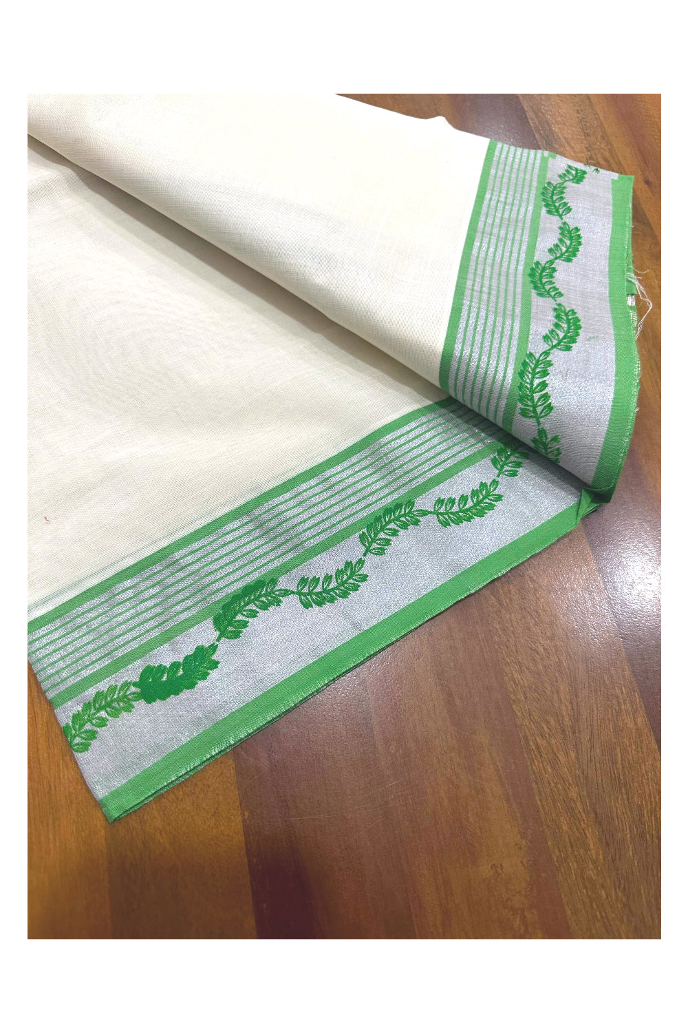 Kerala Cotton Single Set Mundu (Mundum Neriyathum) with Light Green Block Prints and Silver Kasavu Border 2.80 Mtrs (Onam set Mundu 2023)