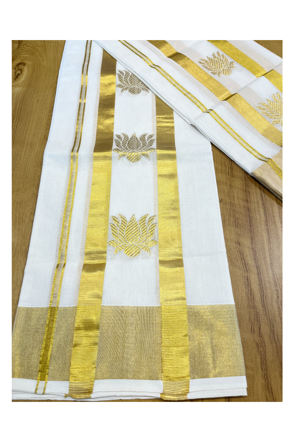 Southloom Handloom Premium Cotton Kasavu Set Mundu With Lotus Woven Patterns On Border (Mundum Neriyathum) 2.80 Mtrs