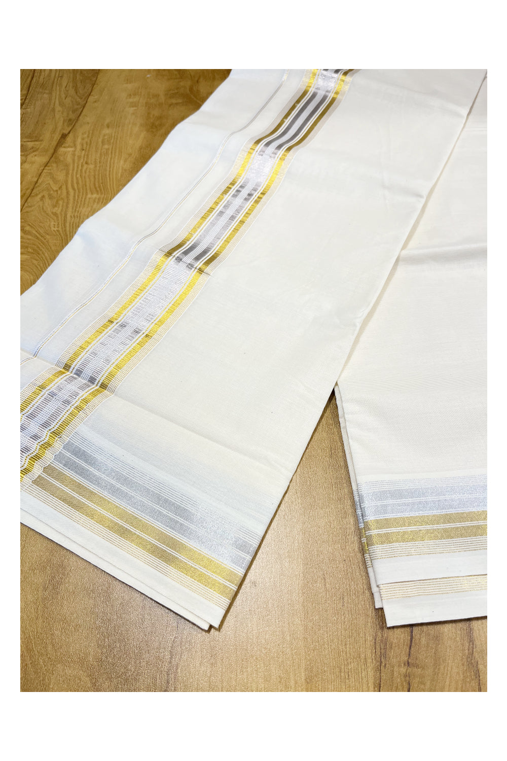 Pure Cotton Off White Double Mundu with Silver and Gold Kasavu Lines Kara (South Indian Kerala Dhoti)