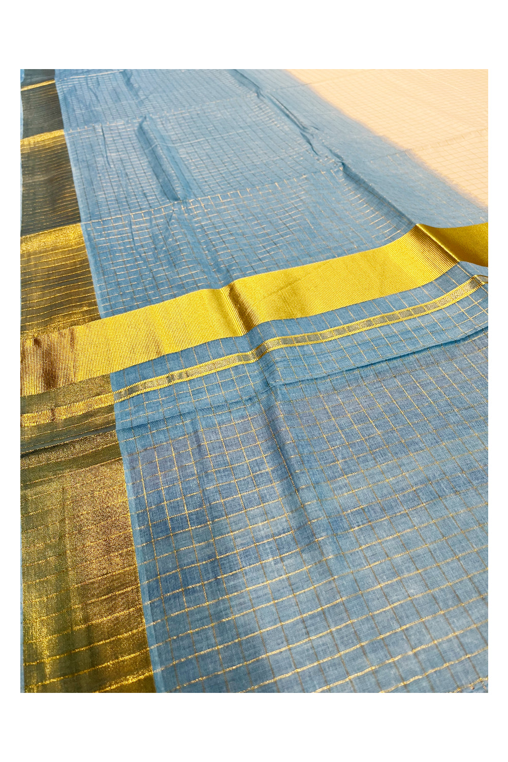 Southloom Cotton Tie & Dye - Half & Half Blue Design Saree with Kasavu Checks Across Body