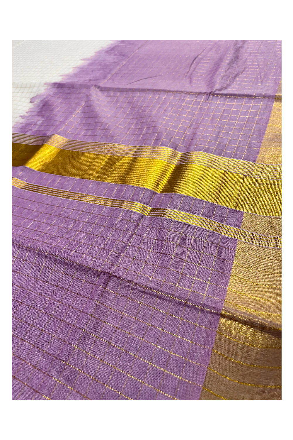 Southloom Cotton Tie & Dye - Half & Half Violet Design Saree with Kasavu Checks Across Body