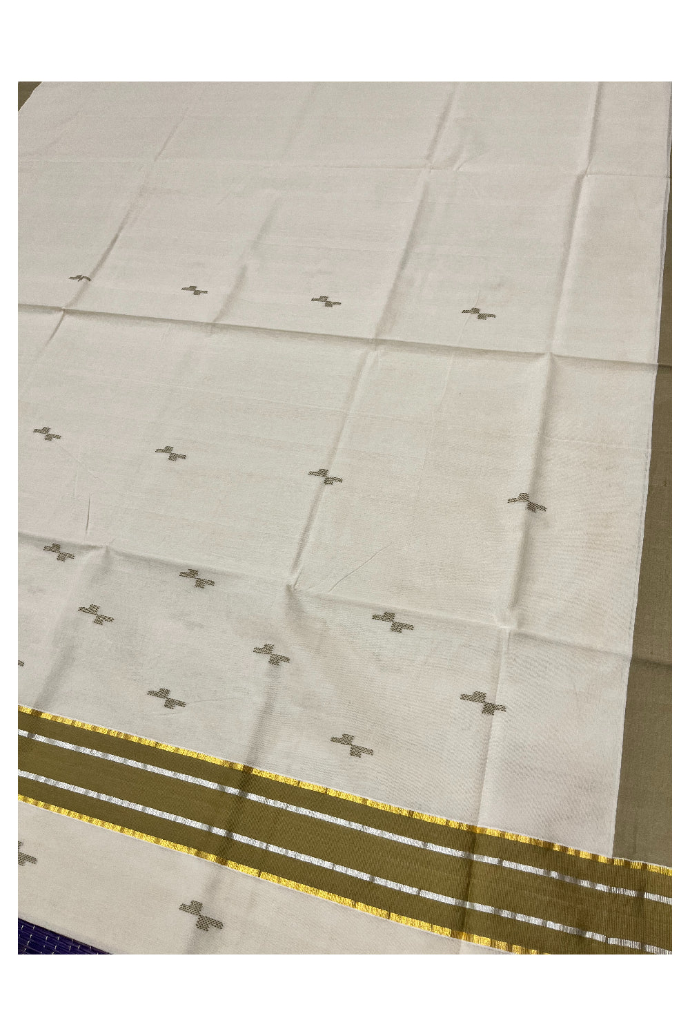 Southloom Premium Balaramapuram Unakkupaavu Handloom Cotton Butta Saree with Olive Brown and Kasavu Border (Vishu 2024 Collection)