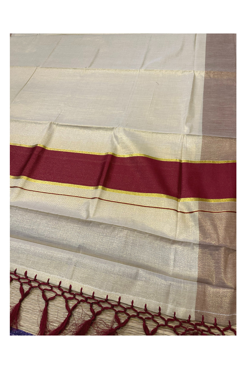 Kerala Kasavu Tissue Saree with Maroon Kara and Border (Onam Saree 2023)