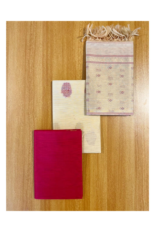 Southloom™ Original Handloom Cotton Pure Silk 3 Piece Cream and Pink Salwar Material with Woven Zari Butta Work