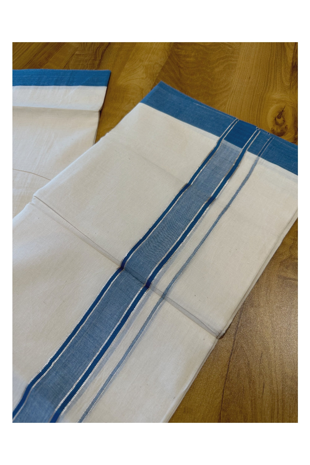 Kerala Pure Cotton Double Mundu with Blue and Silver Kasavu Border (Onam Mundu 2023)