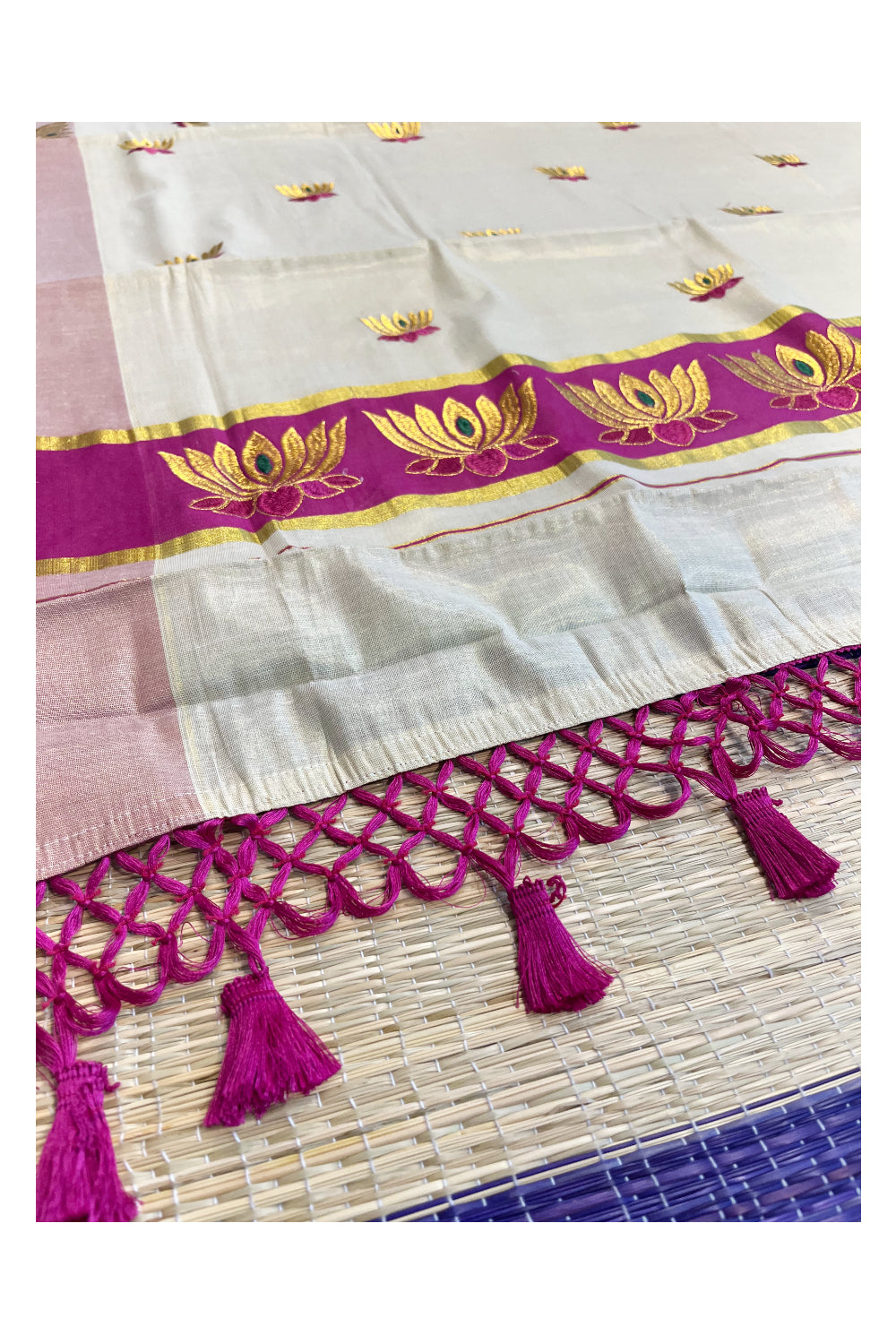 Southloom Kerala Tissue Kasavu Saree with Magenta And Golden Lotus Embroidary Works on Body