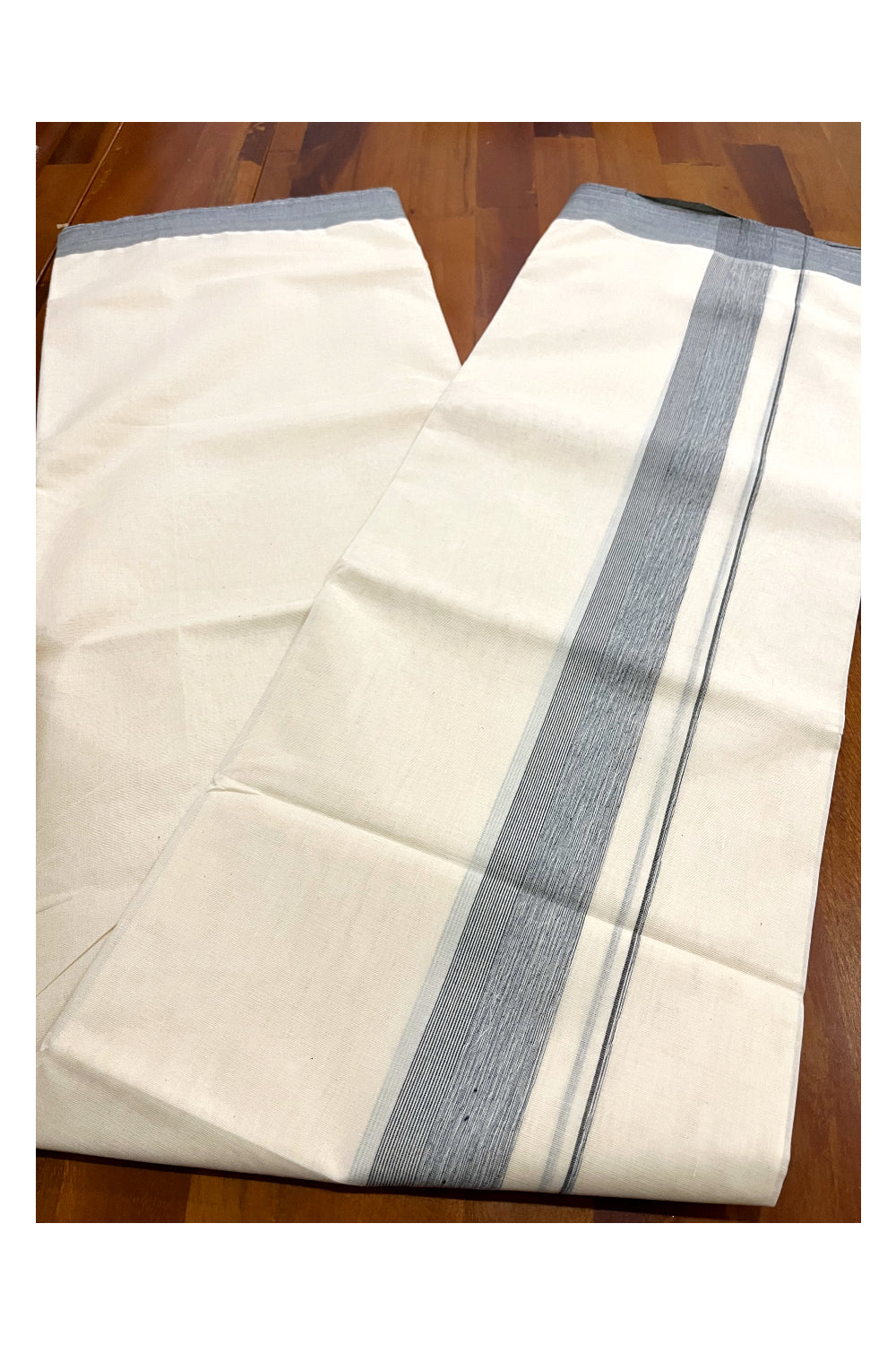 Pure Cotton Off White 100x100 Double Mundu with Grey Border (South Indian Kerala Dhoti)