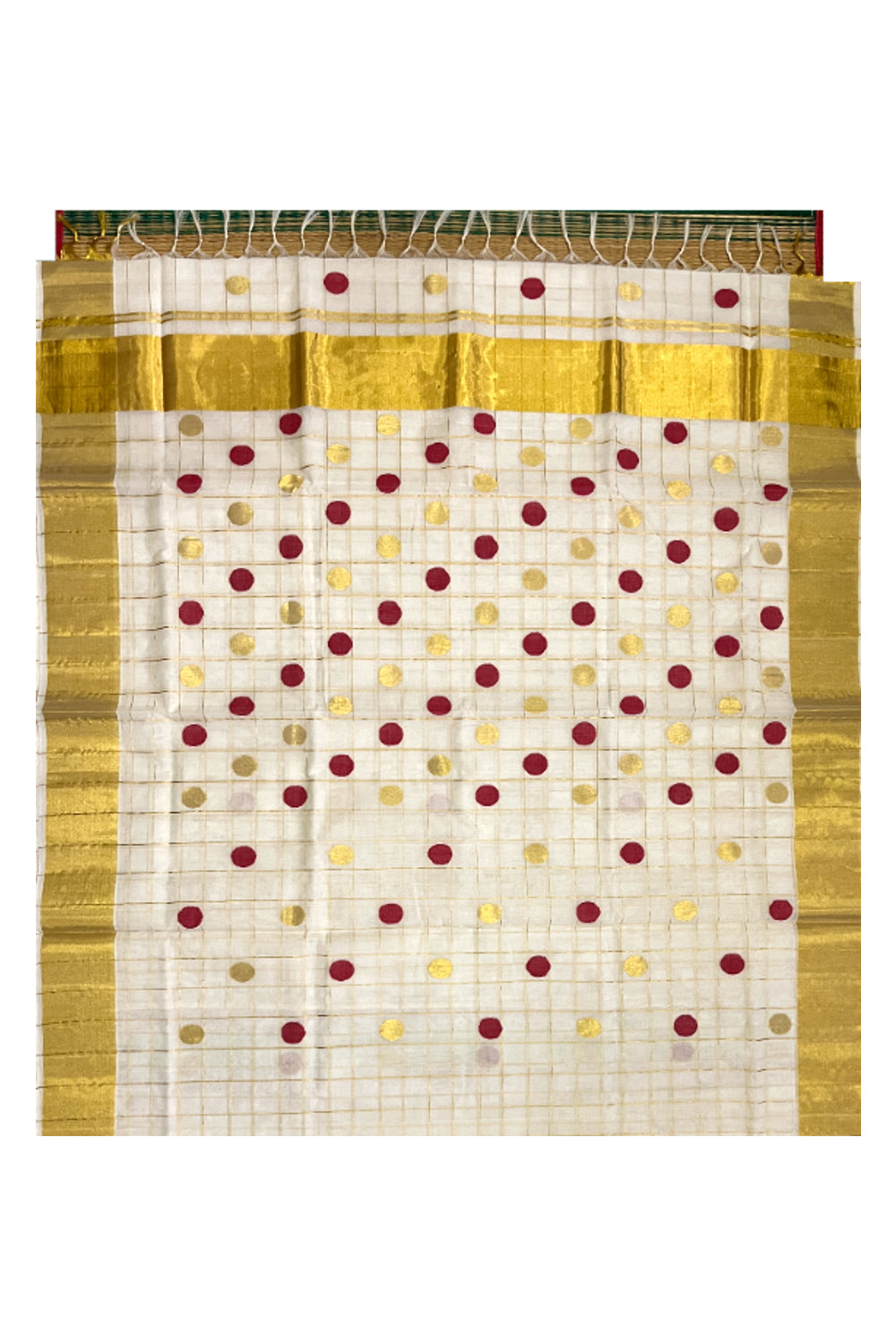 Southloom Premium Handloom Cotton Check Design Saree with Golden and Red Polka Work Across Body