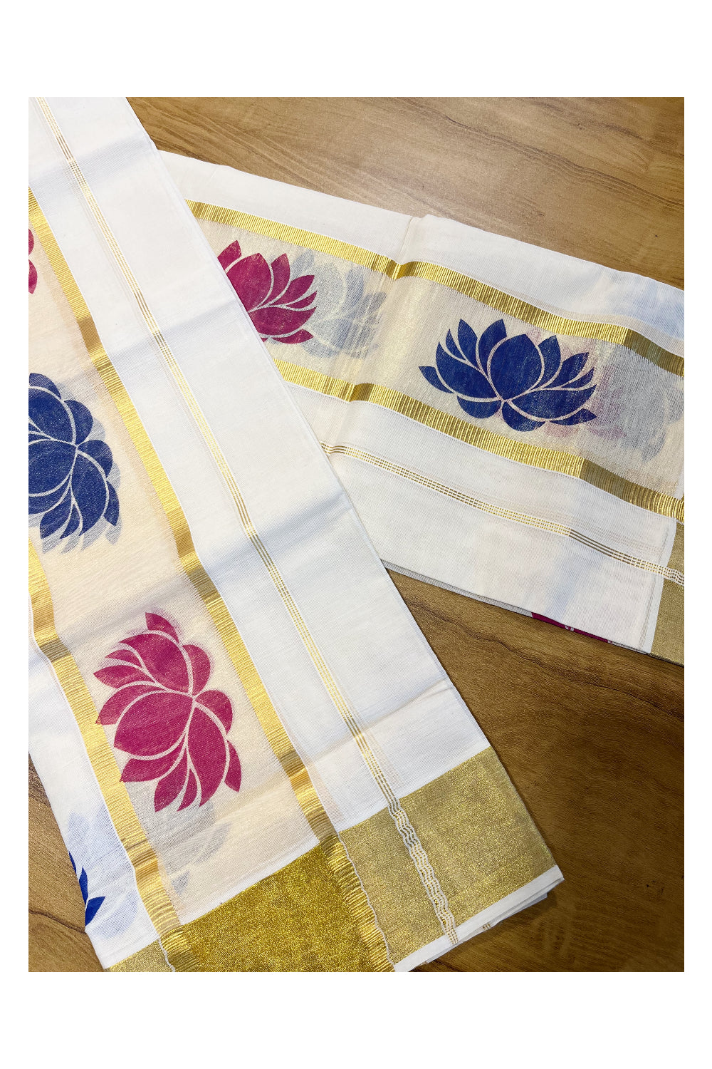 Kerala Tissue Single Set Mundu (Mundum Neriyathum) with Pink And Blue Lotus Block Prints On Kasavu Border 2.80 Mtrs