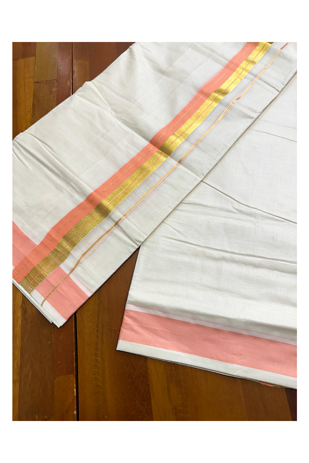 Kerala Pure Cotton Double Mundu with Peach And Kasavu Border (South Indian Dhoti)