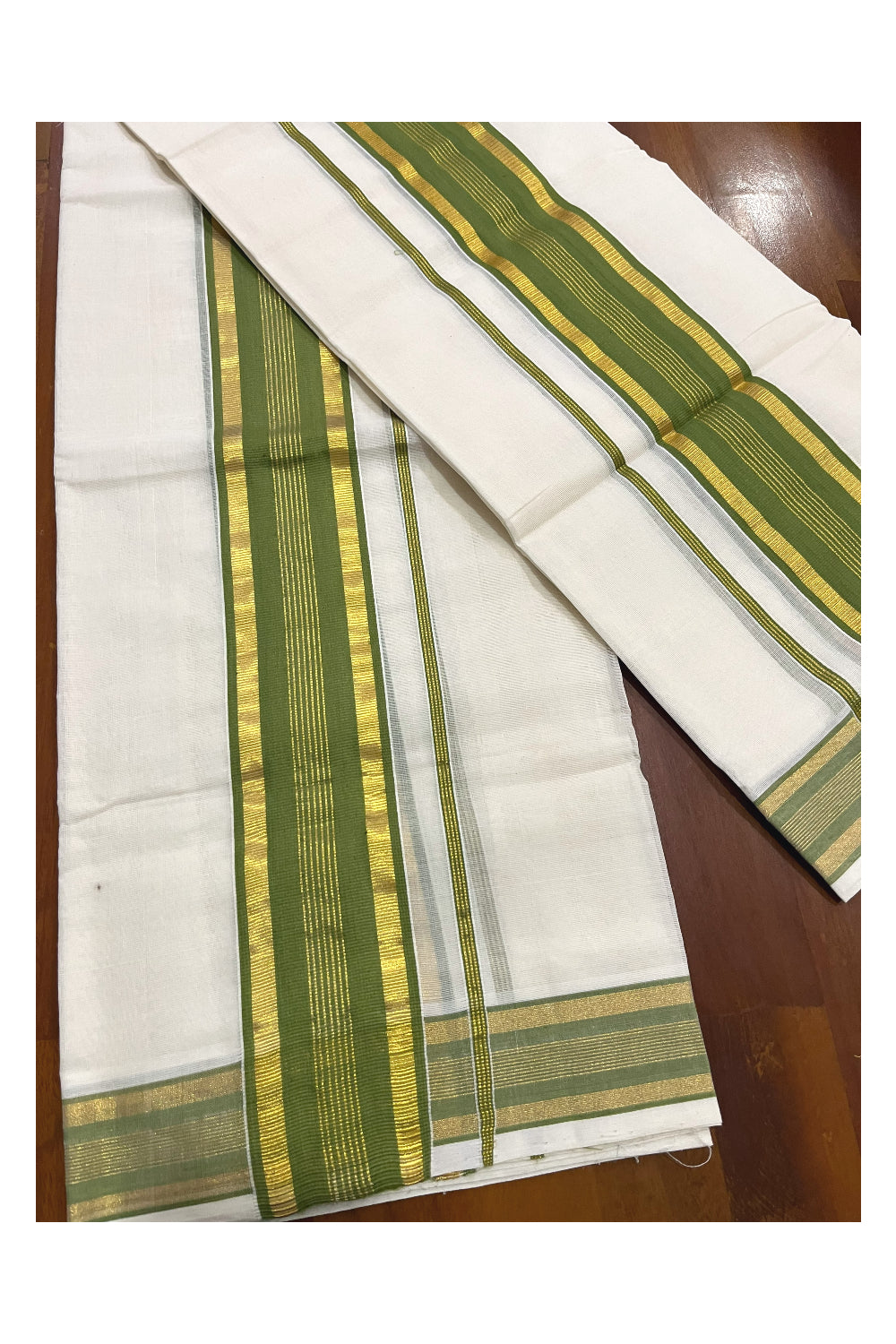 Pure Cotton Handloom Premium Kasavu Set Mundu (Mundum Neriyathum) with Green and Kasavu Border