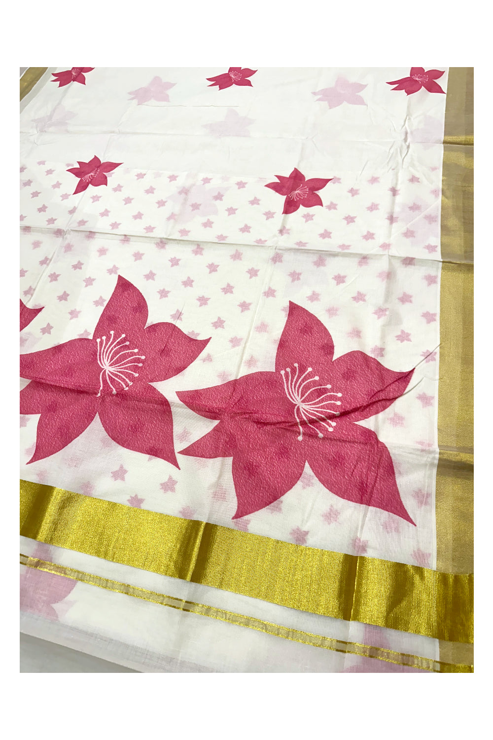 Southloom Exclusive Onam Kasavu Saree with Pink Floral Print Across Body in High Quality (Matching Printed Blouse Included)