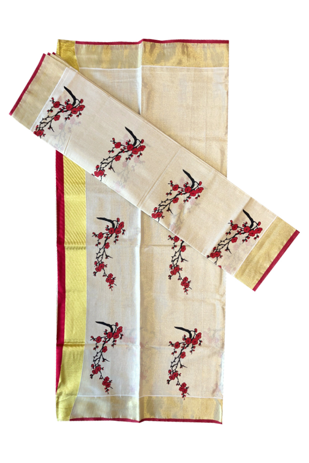 Kerala Tissue Set Mundu (Mundum Neriyathum) with Red Block Prints and Kasavu Border