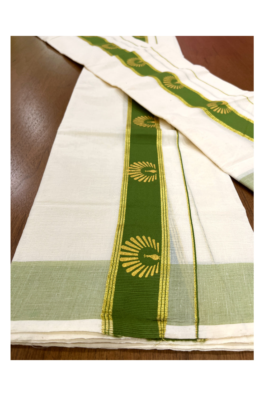 Cotton Single Set Mundu (Mundu Neriyathum) with Golden Block Prints on Green Border