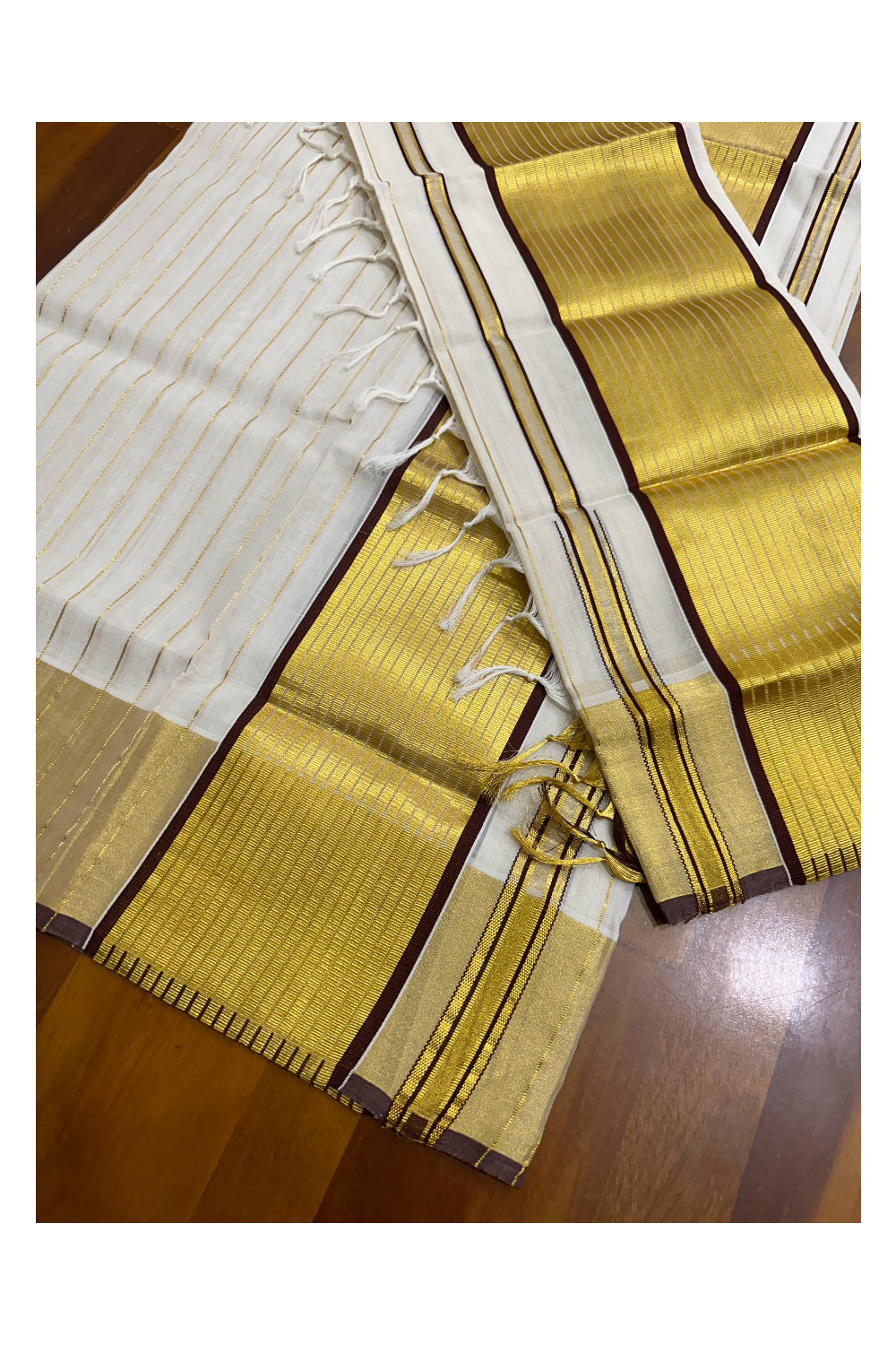 Southloom Premium Handloom Set Mundu with Brown Border and Kasavu Lines Across Body 2.80 Mtrs