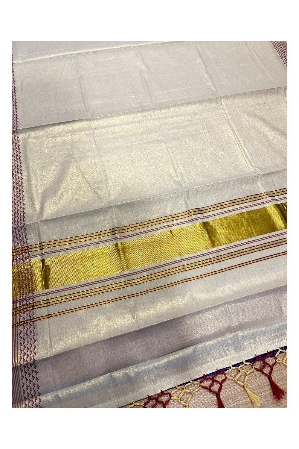 Kerala Tissue Kasavu Saree with Maroon Designs On Border