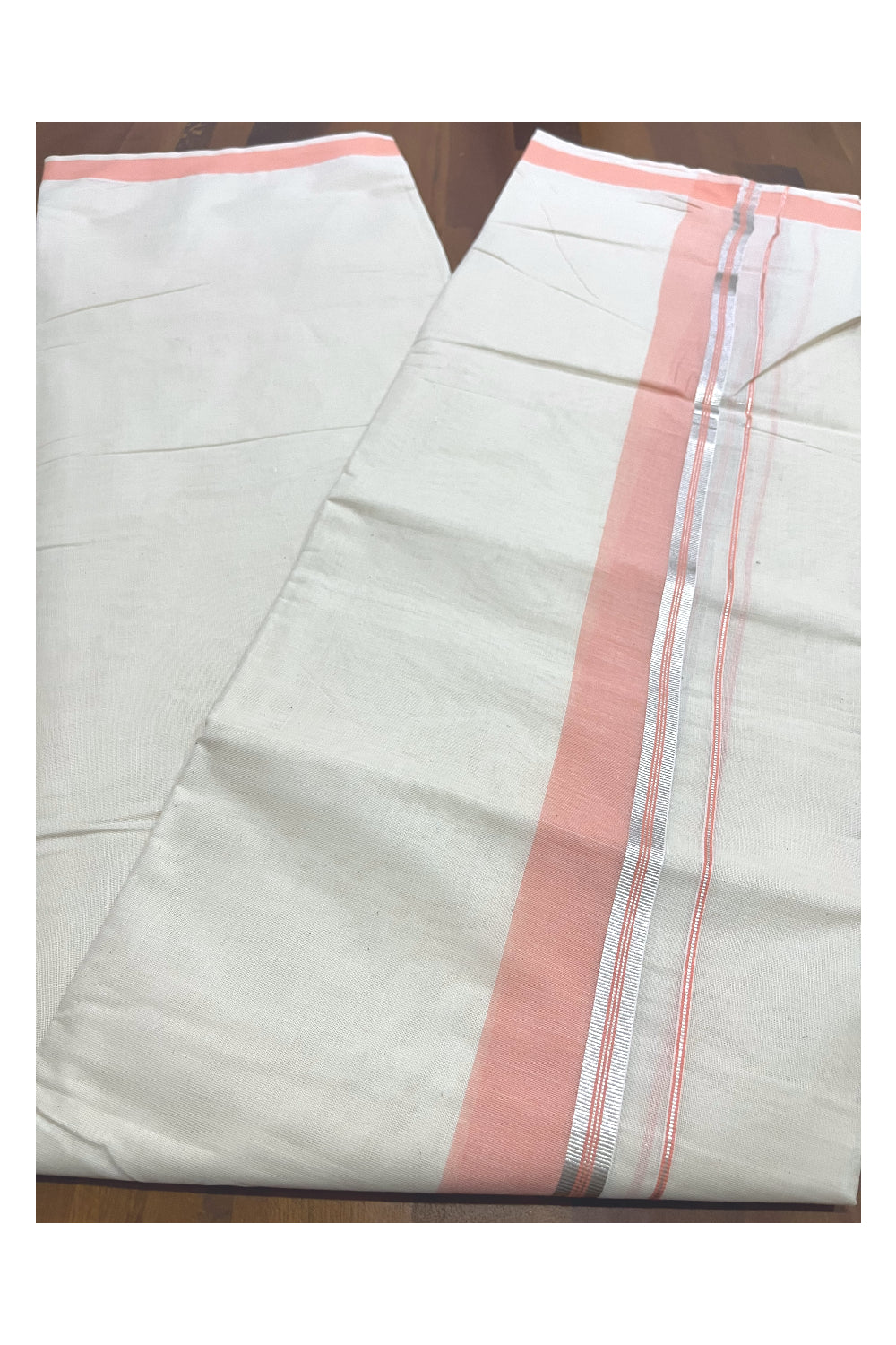 Pure Cotton Kerala Double Mundu with Peach and Silver Kasavu Kara (South Indian Kerala Dhoti)