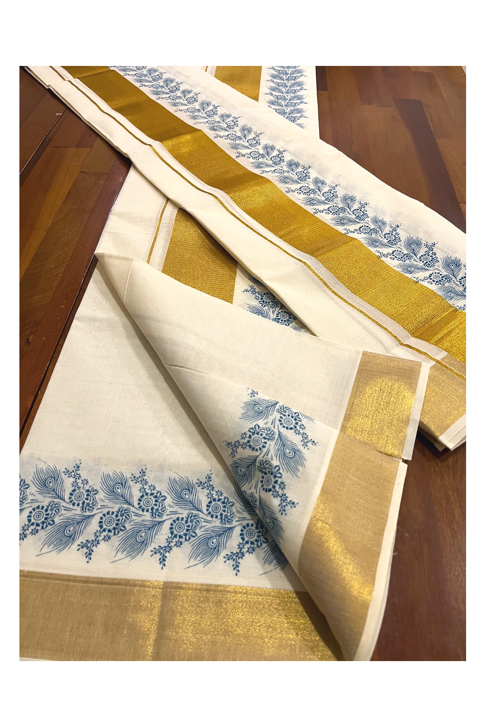 Pure Cotton Kerala Single Set Mundu (Mundum Neriyathum) with Blue Block Printed Kasavu Border