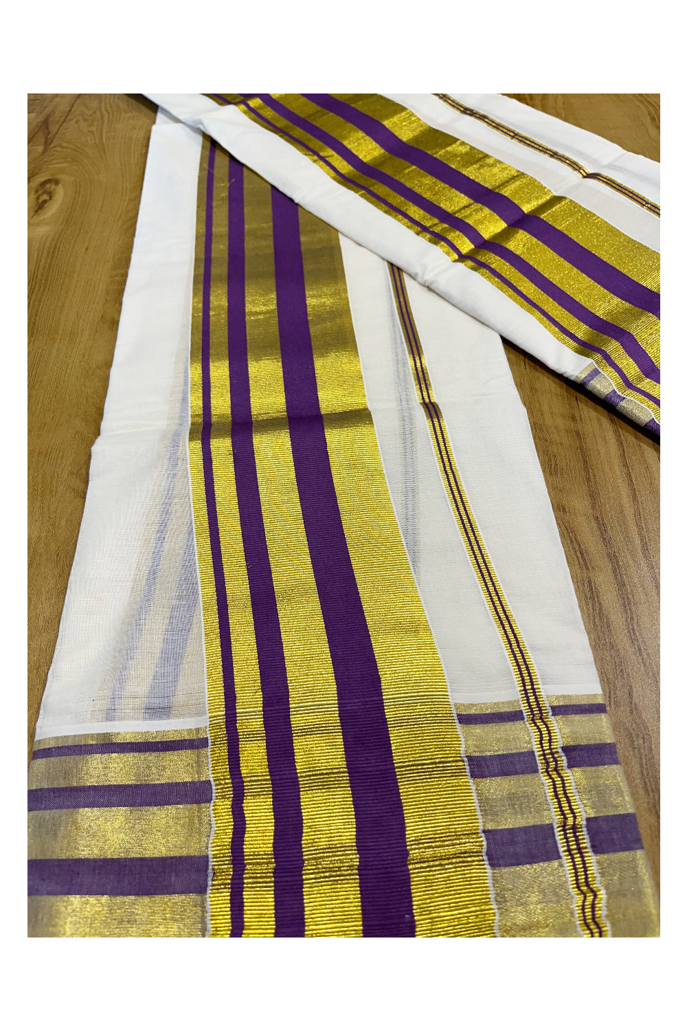 Kerala Cotton Mundum Neriyathum Single (Set Mundu) with Violet and Kasavu Border (2.80 M Neriyathu) And Matching Blouse Piece