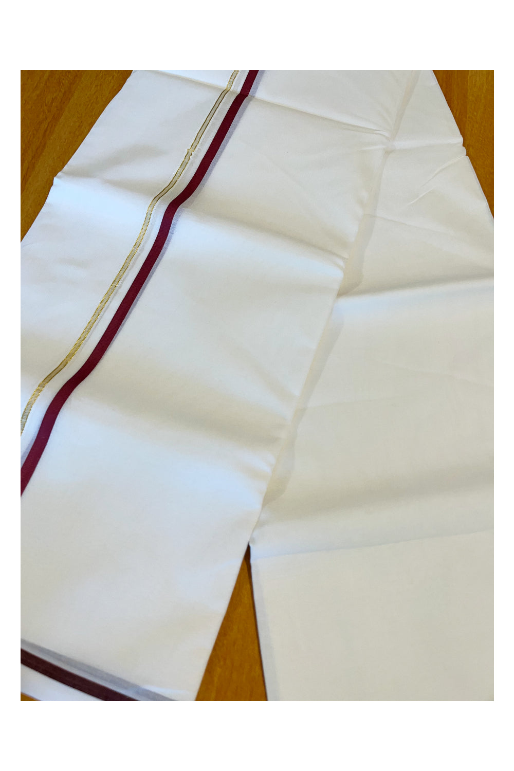 Pure White Cotton Double Mundu with Maroon Border (South Indian Dhoti)