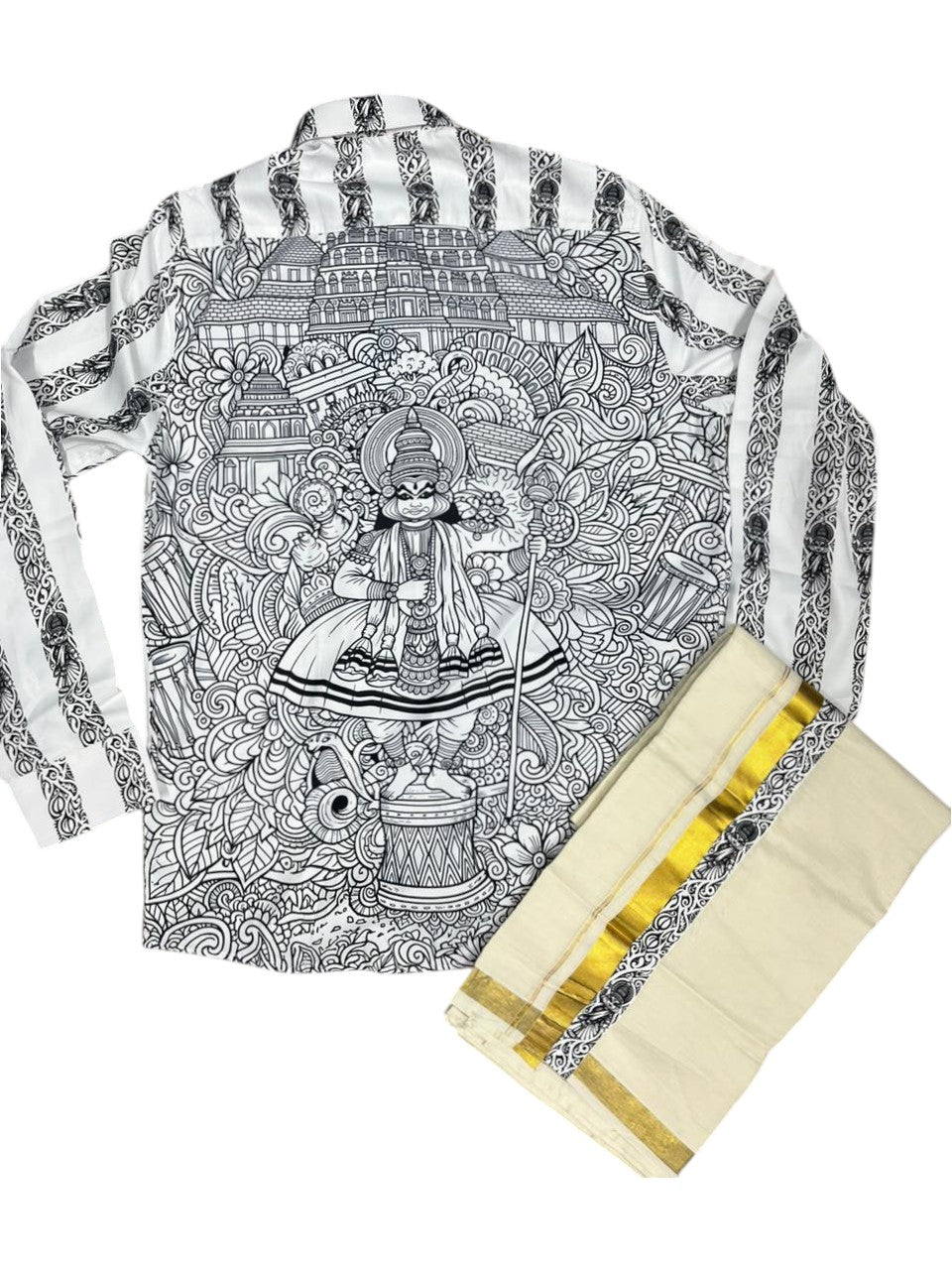 Southloom Premium Satin Kathakali Digital Print Design Men's Combo  (Shirt + Mundu) SL576