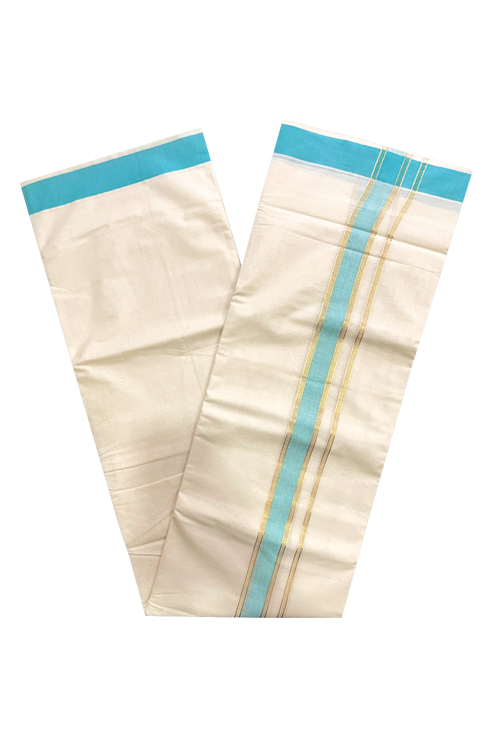 Off White Kerala Cotton Double Mundu with Kasavu and Turquoise Border (South Indian Kerala Dhoti)