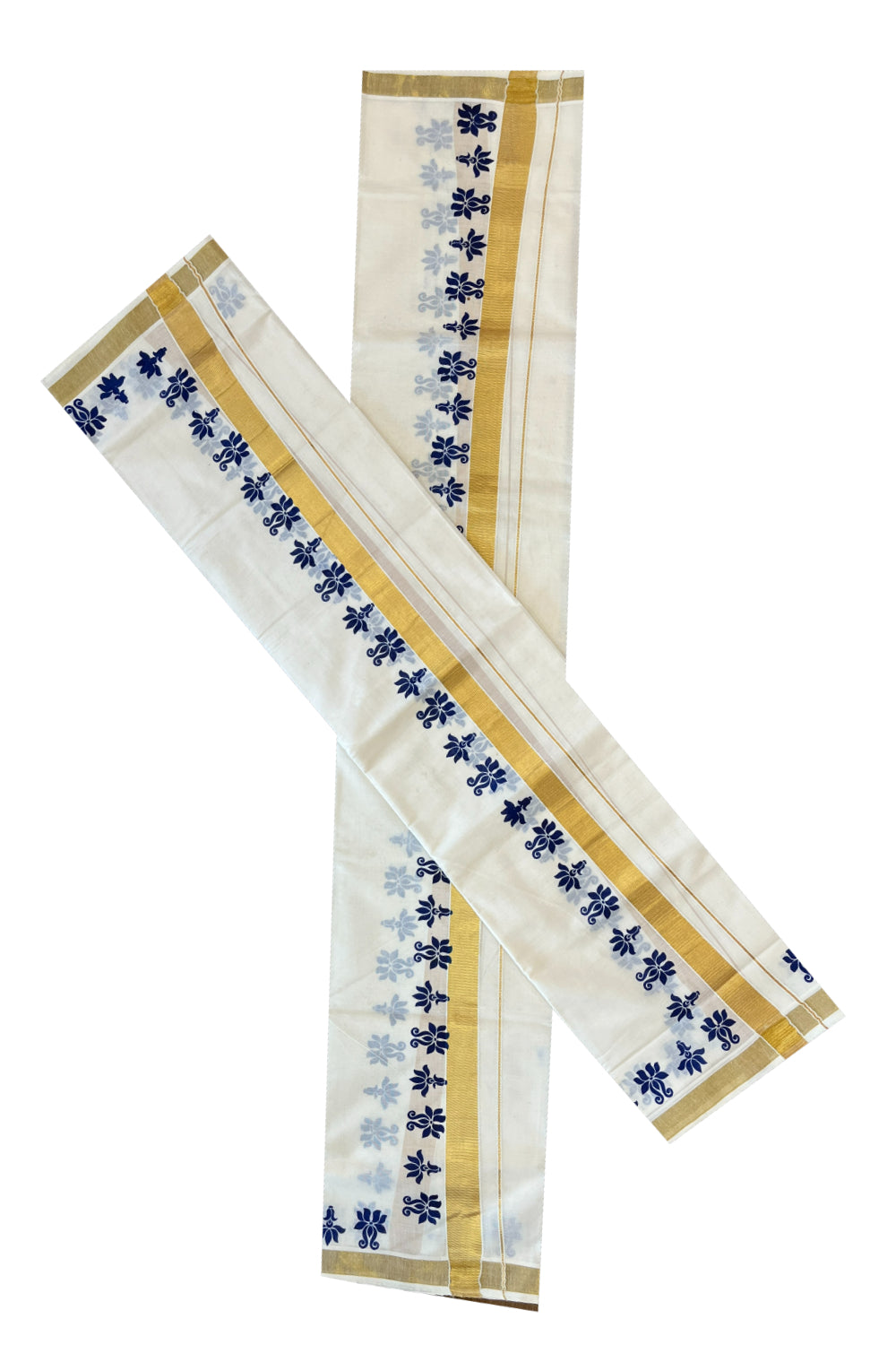 Kerala Cotton Kasavu Mundum Neriyathum Single (Set Mundu) with Blue Block Printed Border 2.80 Mtrs