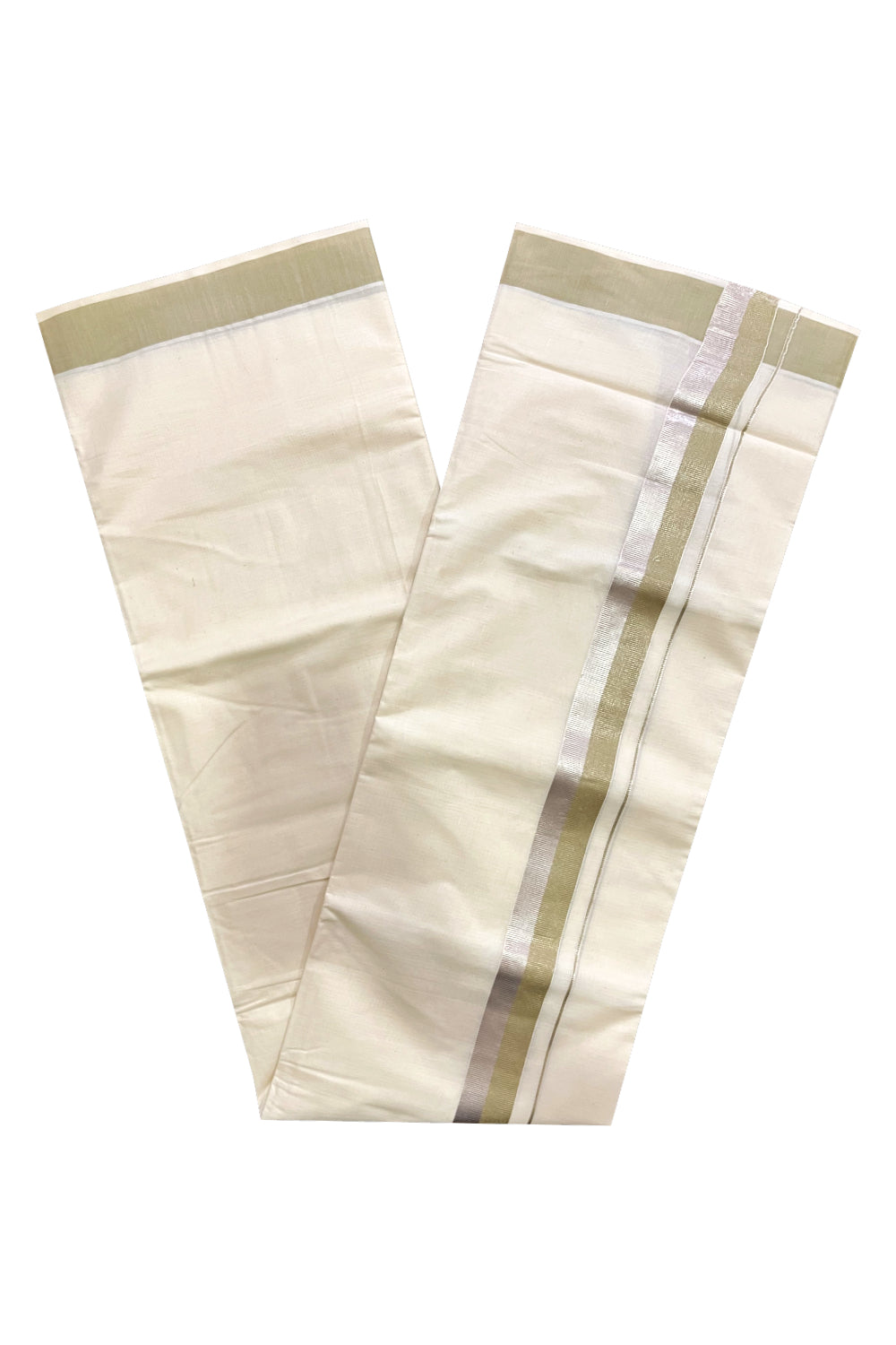 Off White Kerala Cotton Double Mundu with Silver Kasavu and Pastel Green Border (South Indian Kerala Dhoti)