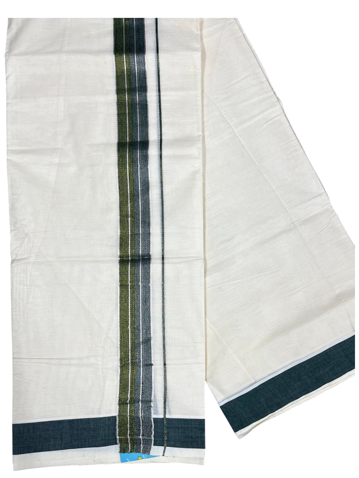 Southloom Pure Cotton Mundu with Silver Lines and Black&Green Border (South Indian Kerala Dhoti)