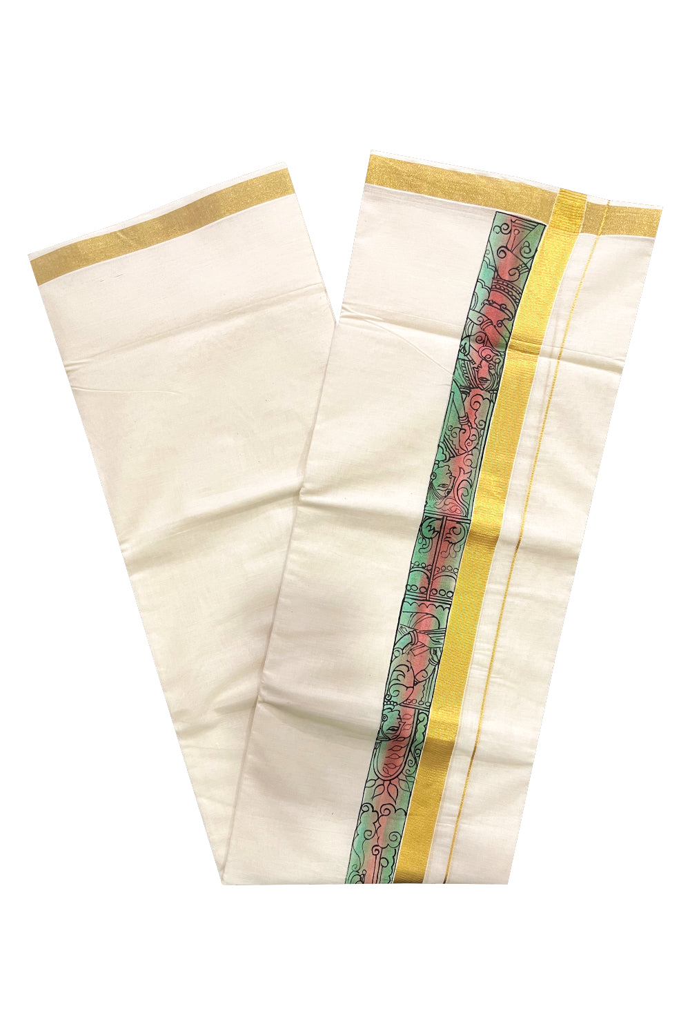 Pure Cotton Kerala Double Mundu with Hand Painted Designs on Kasavu Border (Vishu Collection 2024)