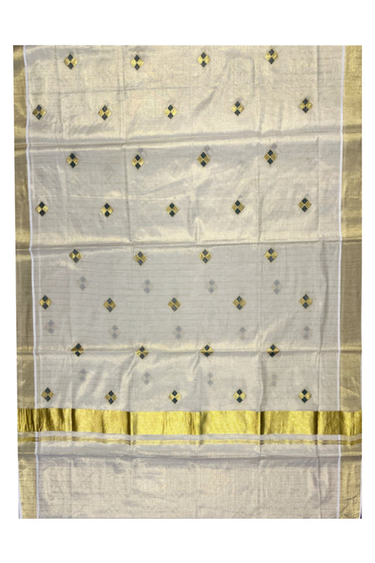 Kerala Tissue Kasavu Stripes Saree with Green and Golden Diagonal Floral Embroidery Design on Body