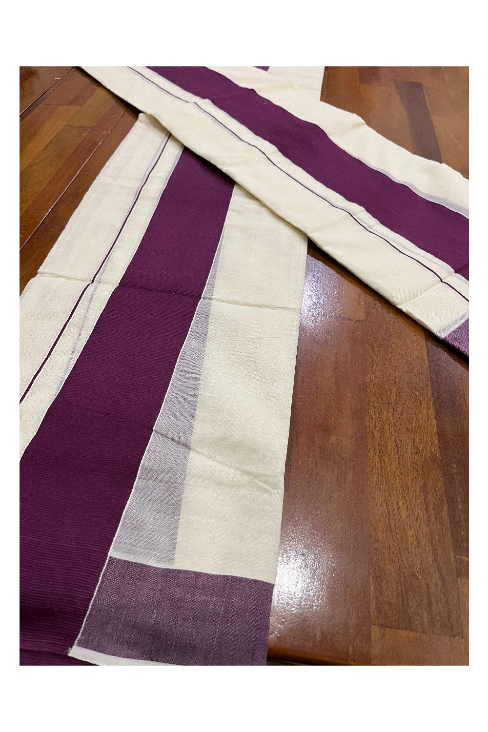 Kerala Cotton Set Mundu (Mundum Neriyathum) Single with Plain Purple Border 2.80 Mtrs