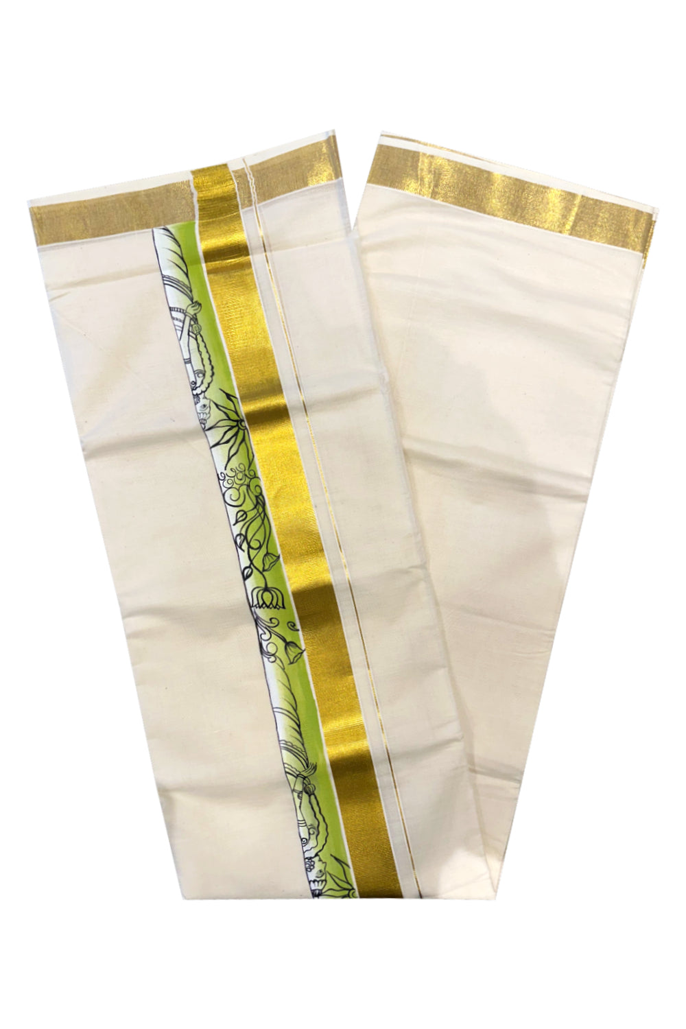 Kerala Pure Cotton Double Mundu with Mural Painted Design on Kasavu Border (South Indian Kerala Dhoti)