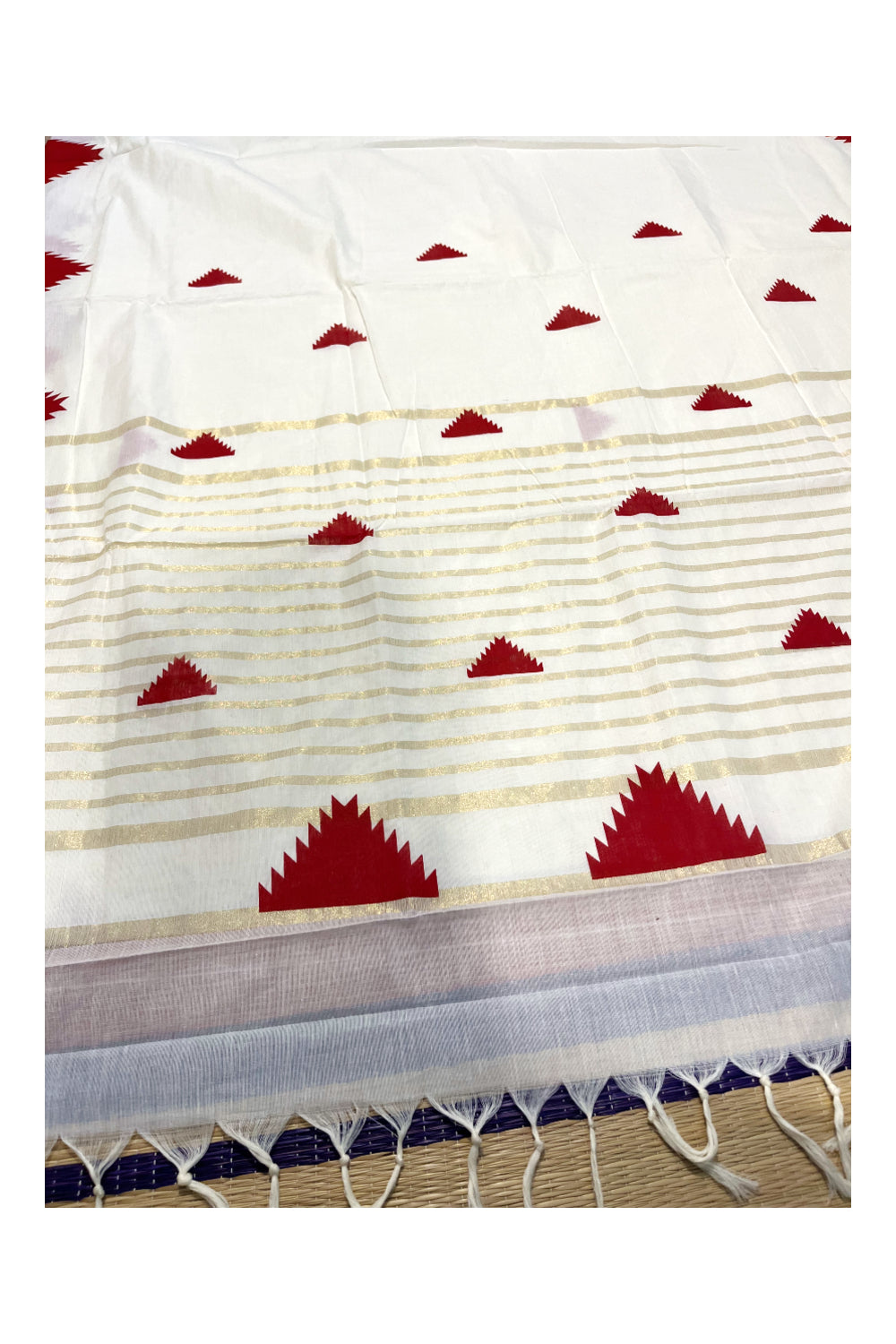 Kerala Cotton Kasavu Saree With Red Temple Prints on Border