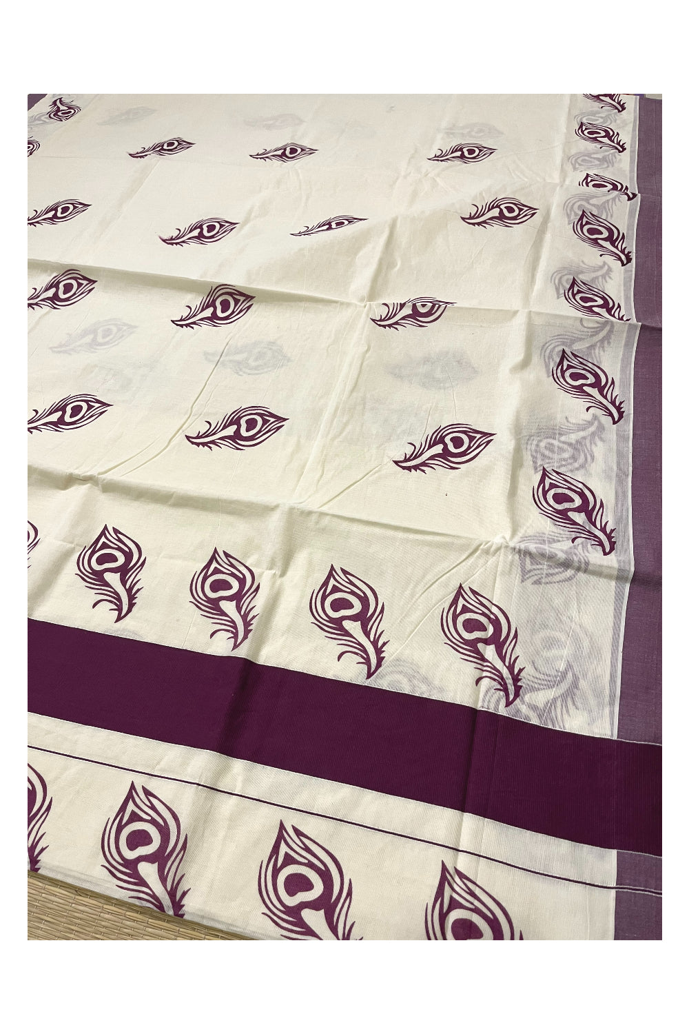 Pure Cotton Kerala Saree with Purple Feather Block Printed Border