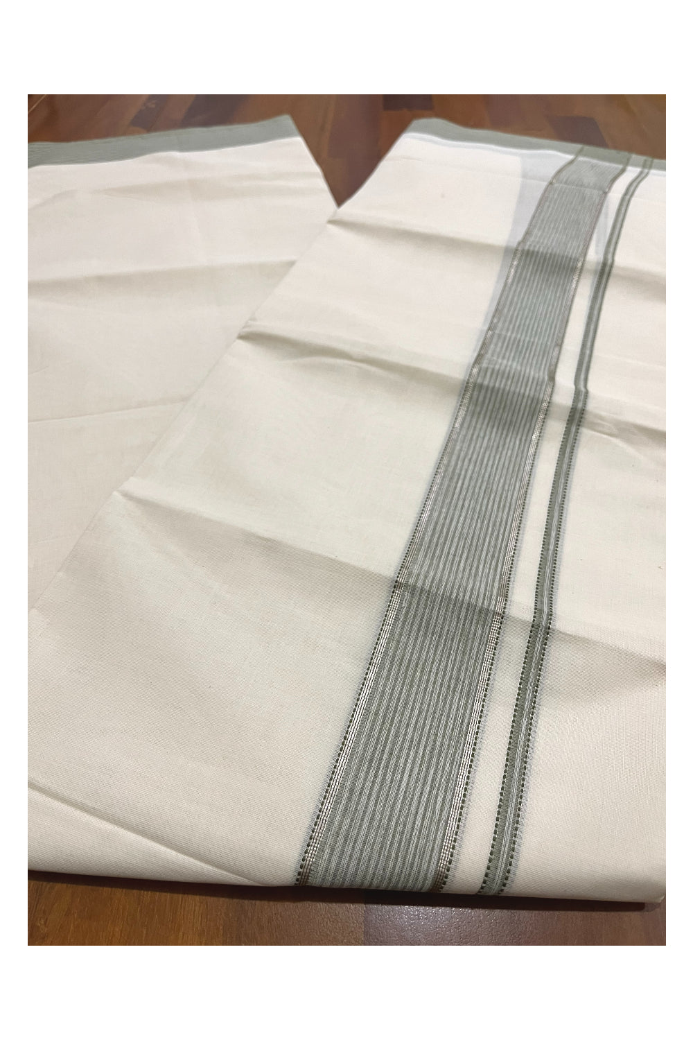 Pure Cotton 100x100 Double Mundu with Green and Silver Kasavu Kara (Onam Mundu 2023)