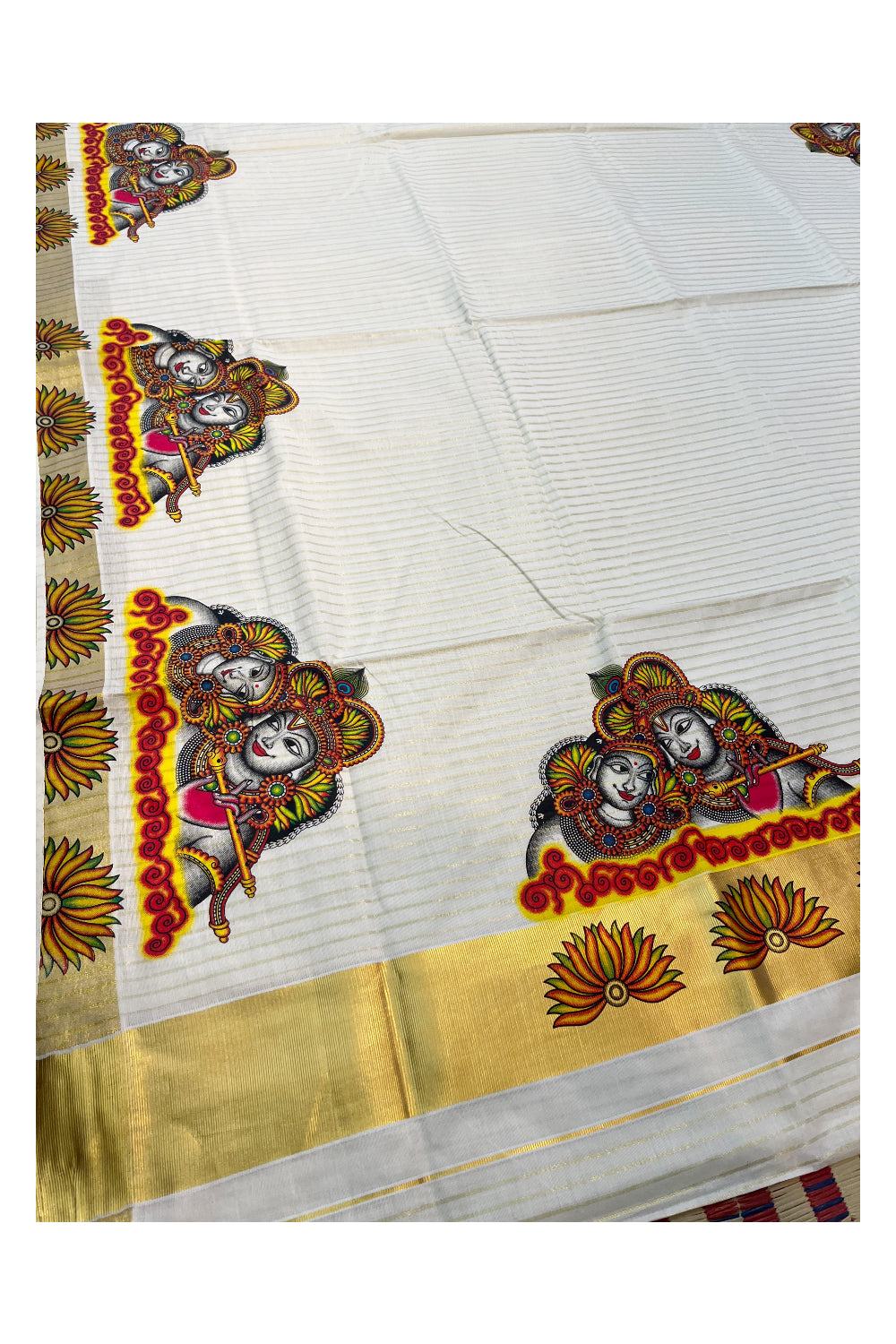 Pure Cotton Kerala Kasavu Lines Design and Krishna Radha Mural Work Saree and Printed Border