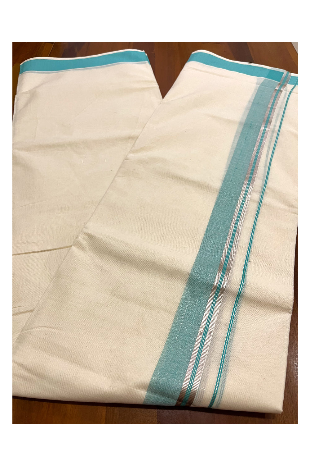 Kerala Cotton Double Mundu with Turquoise and Silver Kasavu Border (Onam Mundu 2023)