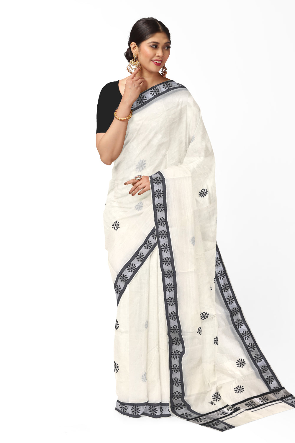 Pure Cotton Kerala Saree with Black Block Prints and Silver Border