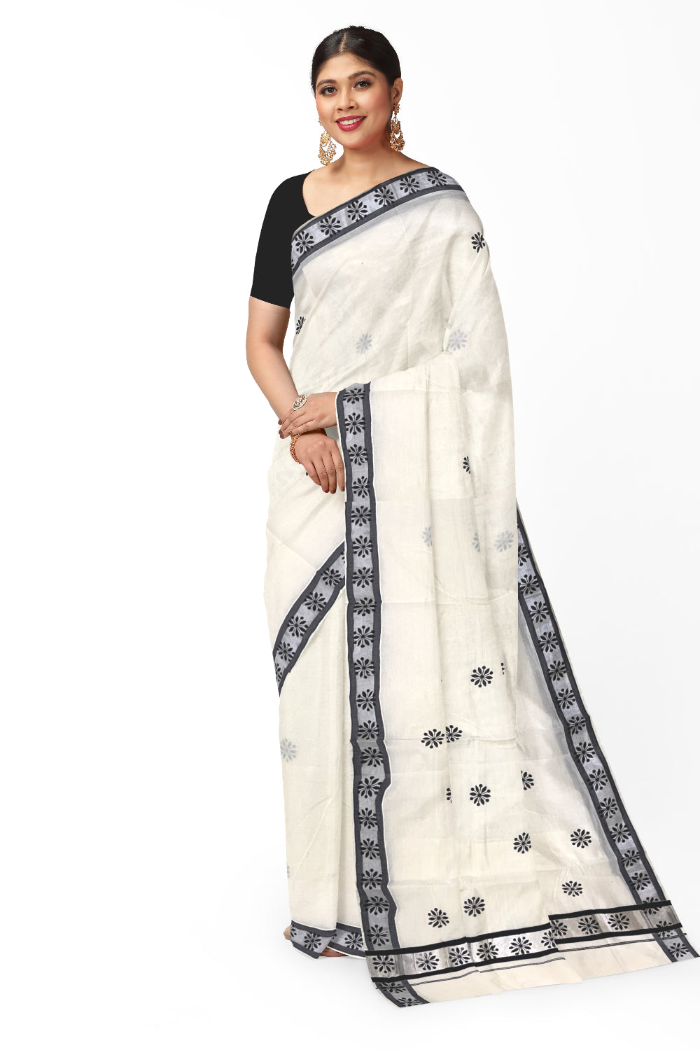 Pure Cotton Kerala Saree with Black Block Prints and Silver Border