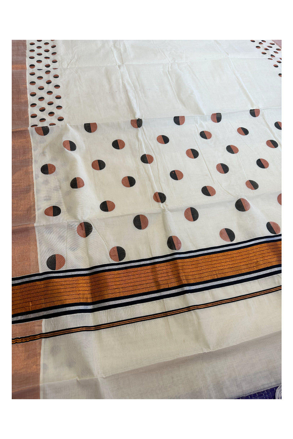 Pure Cotton Kerala Polka Saree with Silver Copper Kasavu and Black Border