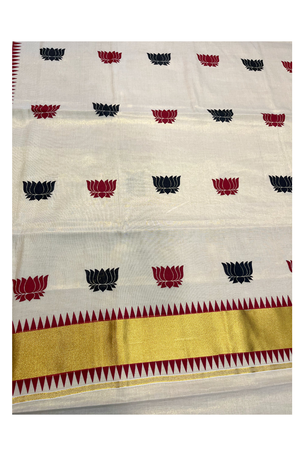 Kerala Tissue Kasavu Saree with Maroon and Black Lotus Block Prints