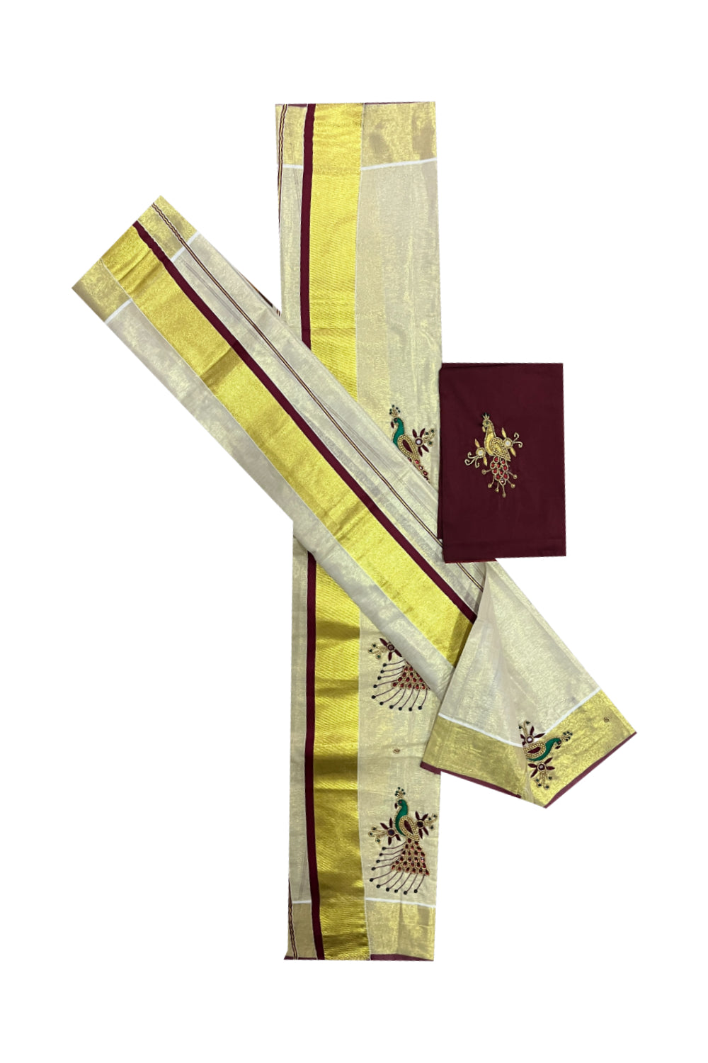 Kerala Tissue Kasavu Set Mundu (Mundum Neriyathum) with Bead Handwork Design and Maroon Blouse Piece